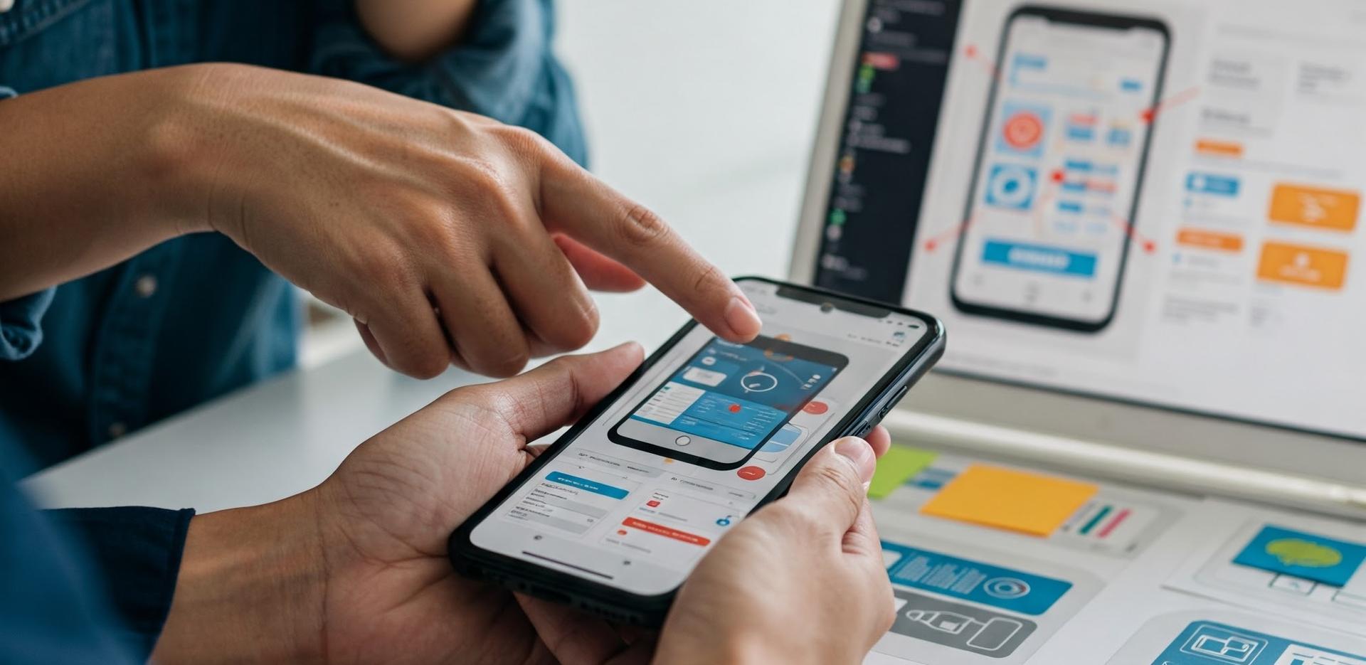 Konzeptionelle Darstellung: Team diskutiert strategische Optionen (Native, Hybrid, PWA) für mobile Lösungen bei SysWelt anhand von Prototypen.
