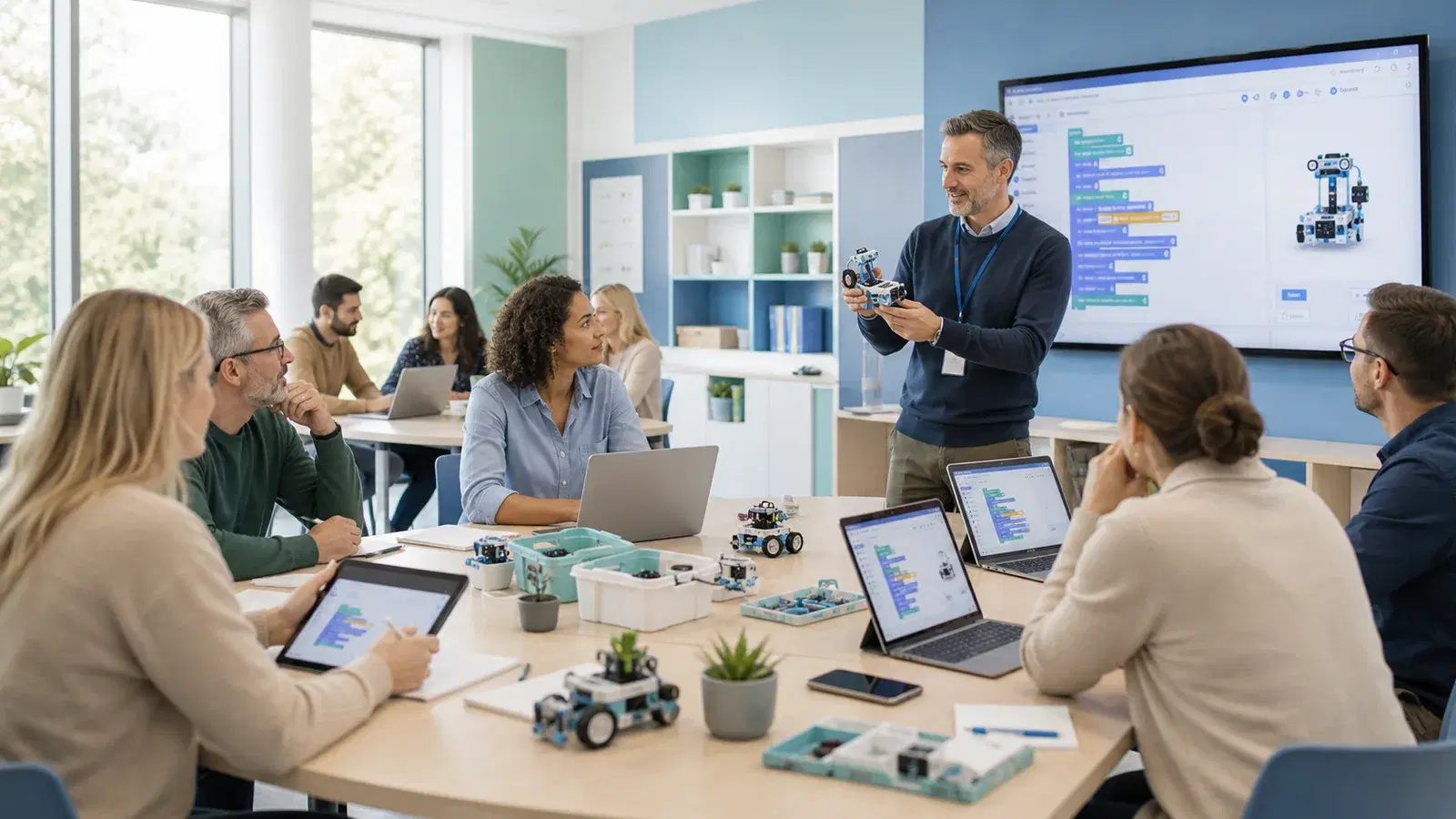Moderner Workshop mit Lehrkräften, digitalen Geräten und Bildungsrobotik